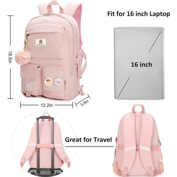 Pink Waterproof Laptop Backpack 15.6 Inch School Travel Bag for Women Girls